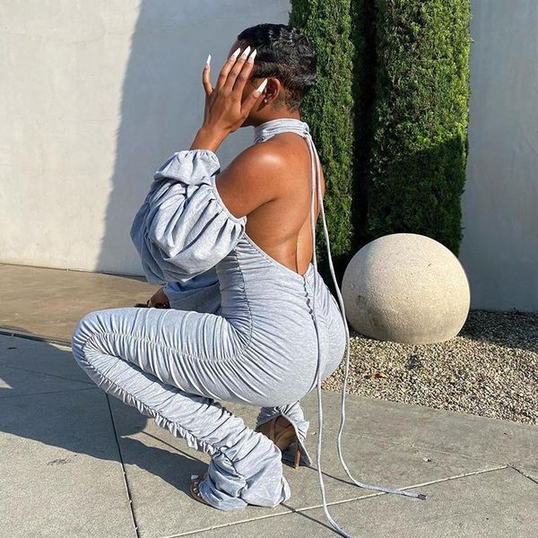 

women bodysuit club backless off shoulder stacked sweatpants leggings trousers joggers flare pleated pants jumpsuit, Black;white