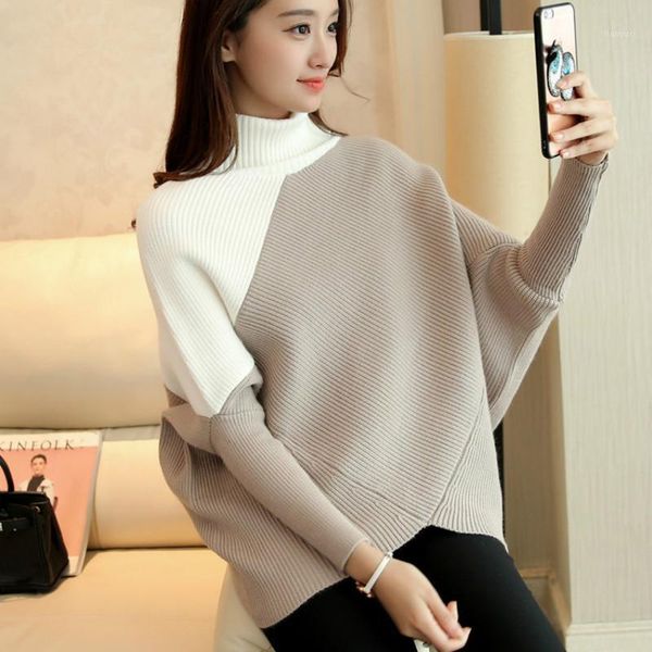 

women's sweaters wholesale-2021 autumn winter turtleneck sweater women loose high collar bat shirt women' s bottoming sweater1, White;black