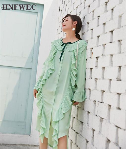 

green ruffles plus size loose long sleeve dress women tie neck button up high low dress korean fashion clothing t6551, Black;gray