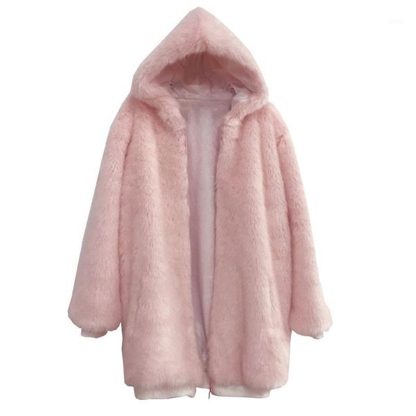 

faux fur coat women 2020 winter fashion pink fur jacket women's thicken warm coat female hooded pink loose1, Black