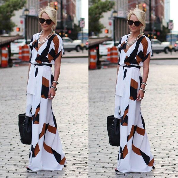 

boho summer print long dress women ladies short sleeve v neck high split sashes maxi dresses evening party sundress, Black;gray