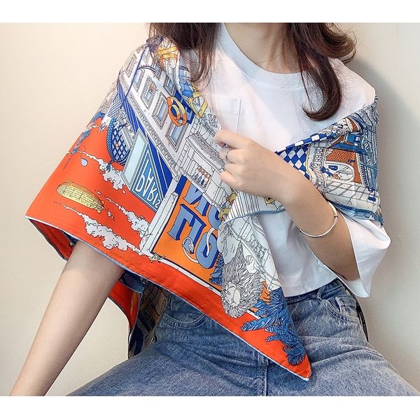 

35" fashion print large square silk scarf shawl hijab for womens 100% twill silk scarf head scarves hand rolled edges t200729, Blue;gray