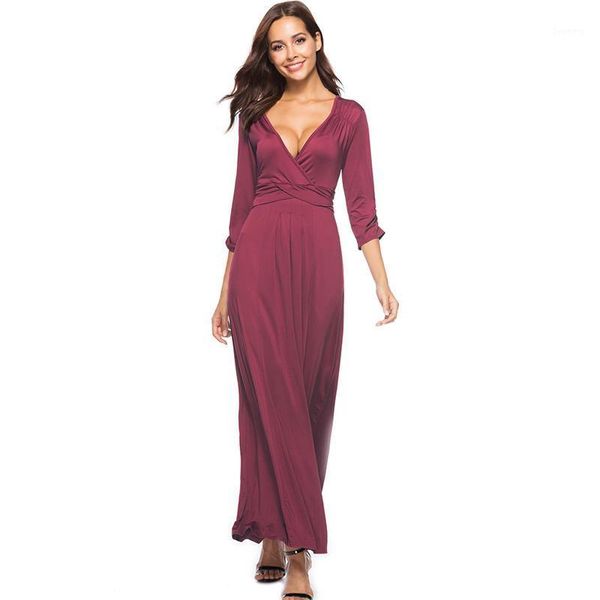 

stretchy women pencil dress autumn winter solid vestidos three quarter sleeve deep v neck slim lady chic ball gown dress1, Black;gray
