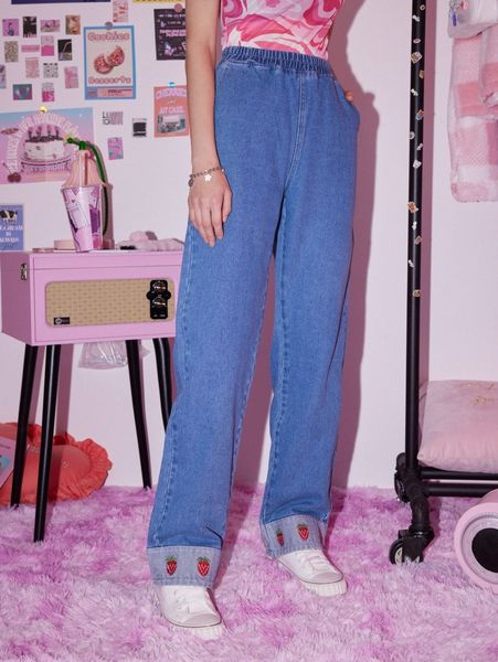 

romwe strawberry embroidery elastic waist jeans t5ly#, Blue