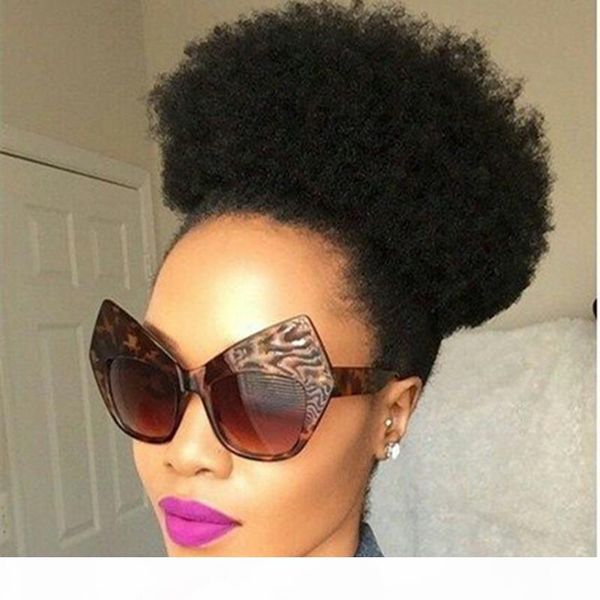 

divaswigs 12inch women clip in afro curly ponytail human hair heat resistance fiber drawstring rope horse tail hairpieces, Black