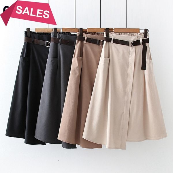 

2021 new spring summer a line elegant long midi skirt with belt high waist pocket iregular pleated skirts female tutu 0aww, Black