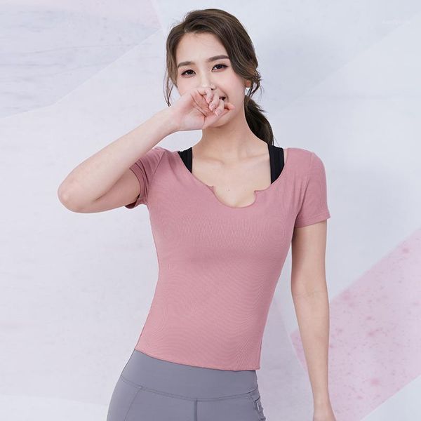 

yoga outfits vansydical gym shirt short sleeved workout viscose sport t-shirt women u-neck slim tees1, White;red