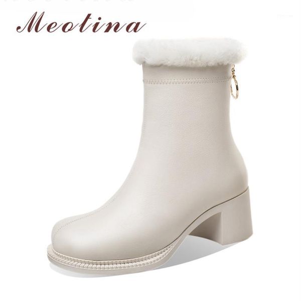 

boots meotina genuine leather high heel ankle women zipper block short female shoes autumn winter beige size 411, Black