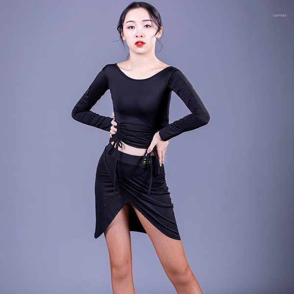

latin dance costumes women long sleeve ladies practice skirt rumba tango samba salsa cha cha ballroom dance clothes vo6701, Black;red