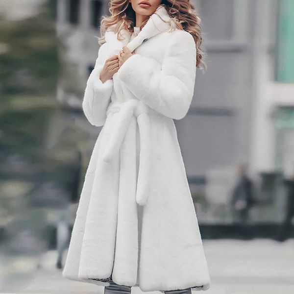 

faux fur coat long winter thicken white coat lace-up solid color slim long plush faux fur hooded warm jacket new fashion outwear, Black