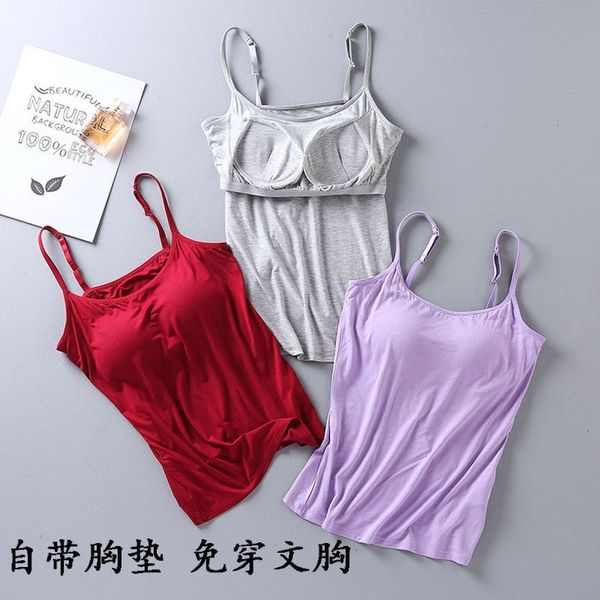 

women new padded bra tank female modal spaghetti solid cami vest ladies camisole with built in bra fitness clothing s197