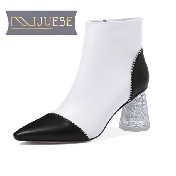 

boots mljuese 2021 women ankle cow leather winter short plush pointed toe zipper mixed colors high heels female size 40, Black