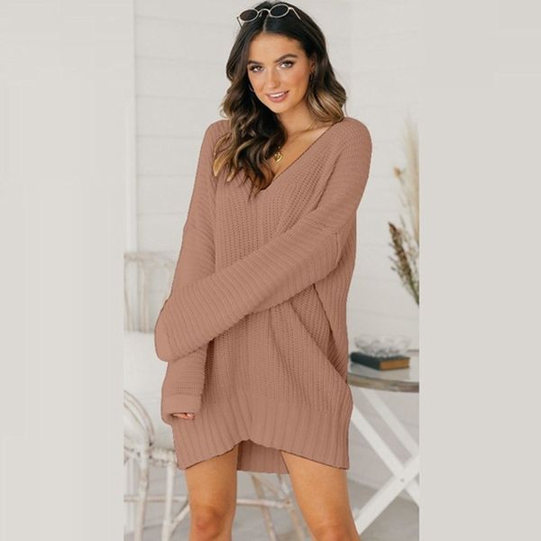 

2020 loose v-neck woman solid color long dress sweater new knit women's clothing y200722, White;black