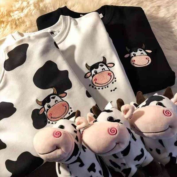 

kawaii cow print sweatshirt women japanese harajuku cute milk embroidery long sleeve hoodie fashion korean, Black