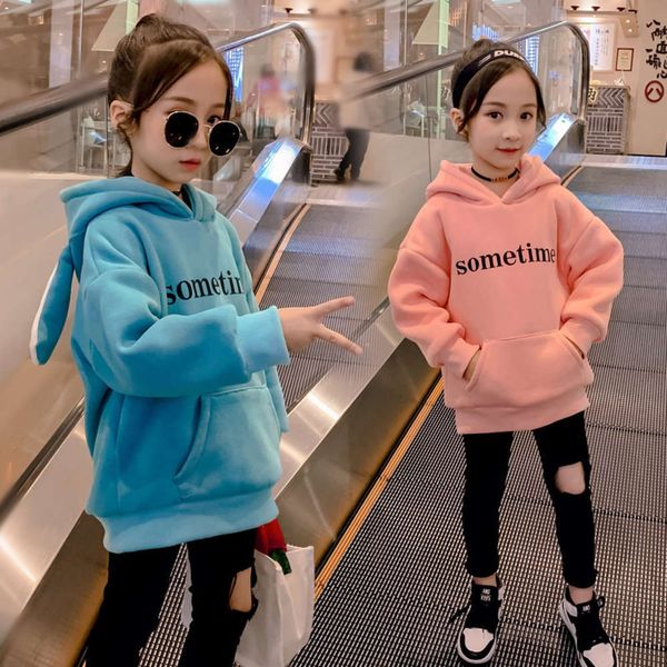 

2020 cloth girls' new korean winter children's foreign sle plush thickened hoodie, Black