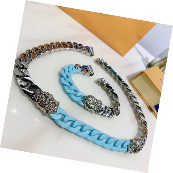 

2021 europe america fashion jewelry sets men silver-color hardware light blue ceramic engraved v initials thick chain necklace bracelet