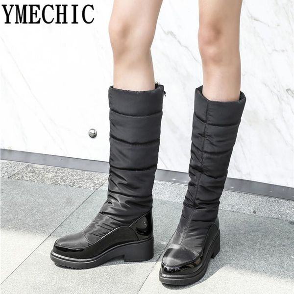 

ymechic 2020 black womens boots chunky block heel shoes winter warm plush chains mid calf high snow boots female footwear botas