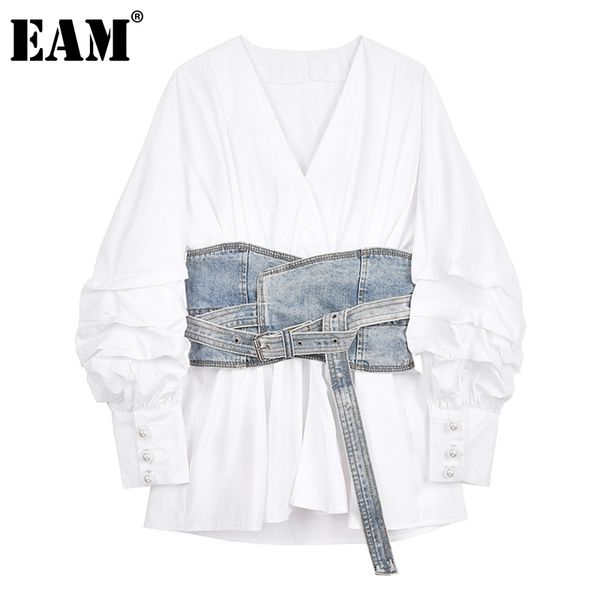 

[eam] women white denim split temperament blouse new lapel long lantern sleeve loose fit shirt fashion spring autumn 1z942 201126