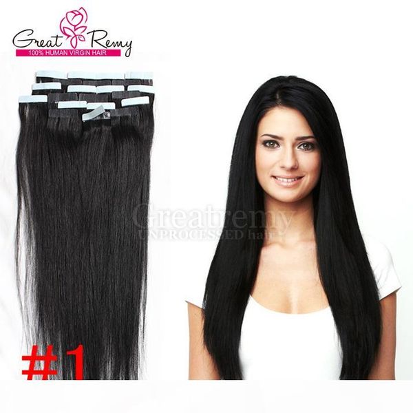 

greatremy pu skin hair weft tape hair extensions brazilian virgin straight tape in human hair extension (9 colors available, Black