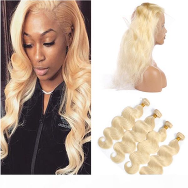 

russian blonde bundles with 360 frontal #613 bleach blonde body wave human hair 360 full lace closure 22.5x4x2" with weaves 4bundles, Black;brown