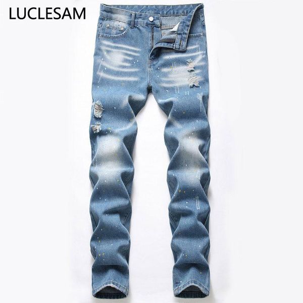 

designer men jeans 2020 splash ink mens разорванные прямые джинсовые брюки случайные тонкие подходят мужские байкер джинсовые промежутки лос, Blue