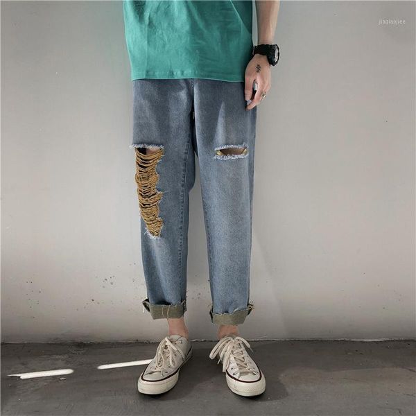 

2020 spring and summer new korean version hip hop couple small fresh cotton casual denim big broken edge retro jeans -2xl, Blue