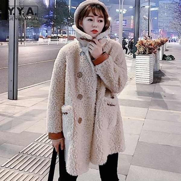 

fashion 2020 new winter real fur jacket women warm loose fit wool coat vintage double breasted jackets sheep shearing outwear, Black