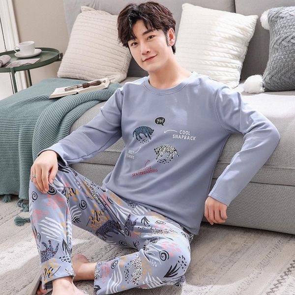 

men's sleepwear autumn cotton men's long sleeve loose cartoon animal print male pajama set winter warm o-neck leisure nightwear pi, Black;brown