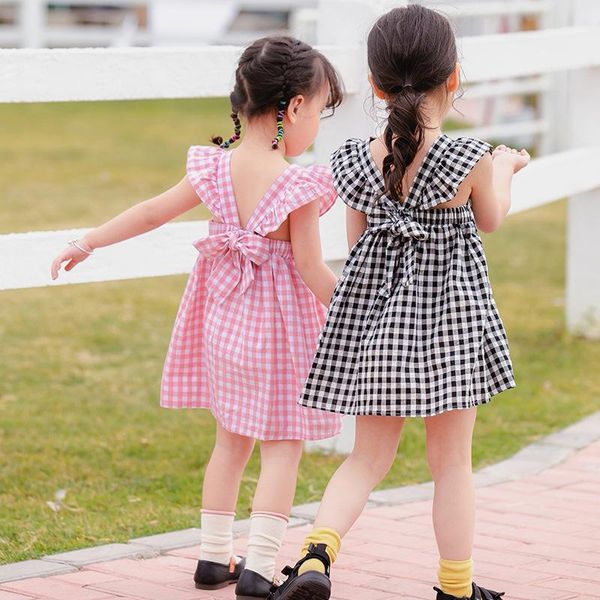 

girls dress new summer kids girl princess dresses backless plaid dress lovely bow casual costume children clothing 1-6 years1, Red;yellow