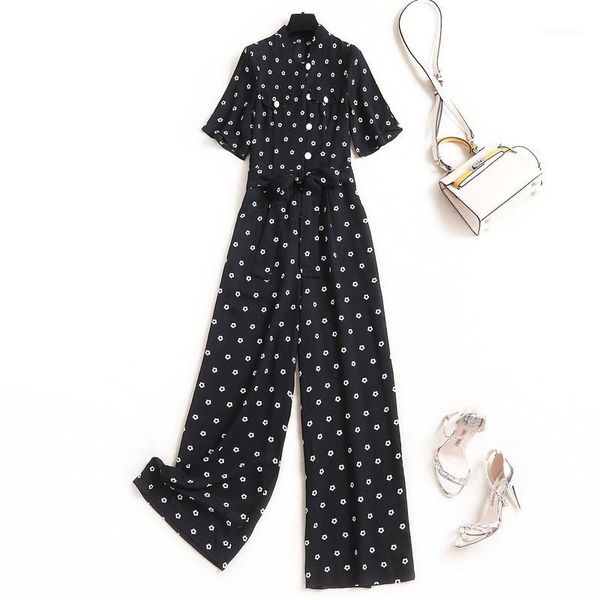 

2020 summer new designer women jumpsuit elegant short sleeve bow neck floral print long pants office rompers womens jumpsuits1, Black;white