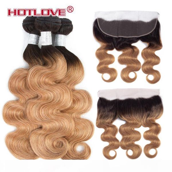 

brazilian ombre bundles with frontal closure 13*4 inch body wave human hair weaves 3 bundles with closure t1b 27 30 99j burgundy, Black;brown
