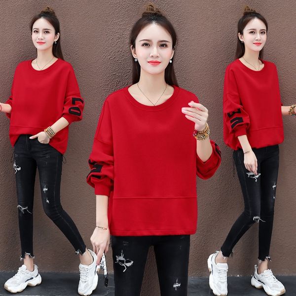 

моды случайного свитера t1gjo sweaternew женщин раунд осень корейски большого размера свободного похудения изысканного вышитые 2020 шея свит, Black