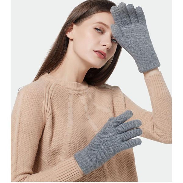 

five fingers gloves female winter warm knitted full finger men solid woolen touch screen mittens women thick cycling driving, Blue;gray