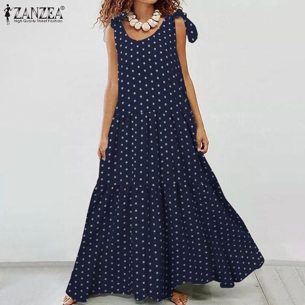 

zanzea women bohemian sundress summer vintage polka dot printed dress lace up beach dresses casual ruffles sleeveless vestidos, Black;gray