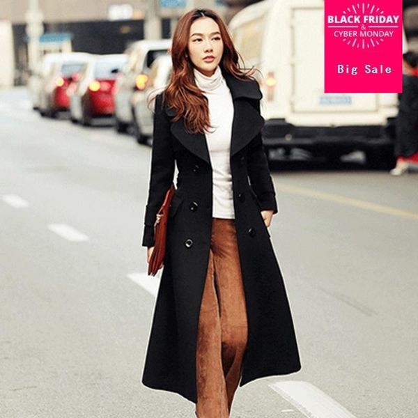 

women's wool & blends 2021 winter jacket windbreaker woolen coat double breasted slim overcoat fashion cashmere outwear l1546 with belt, Black