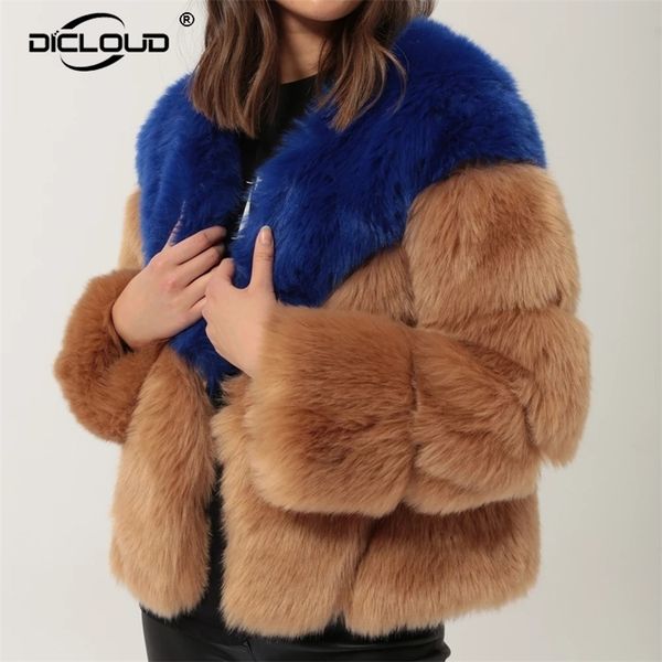 

luxury contrast color fur coat women winter faux fox fur jackets coats street fashion fluffy overcoat thick warm fake fur jacket 201212, Black