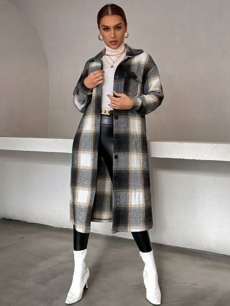 

plaid flap pocket drop shoulder longline overcoat without belt z9wo#, Black