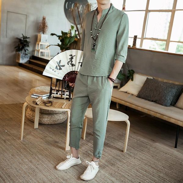 

zeeshant 2019 summer men 3/4 sleeve linen (t shirt + pants) one set tee t-shirt for male large size 5xl kimono chinese clothing1, Red