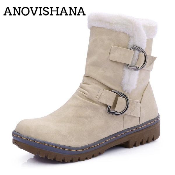 

anovishana russia snow boots female buckle leather ankle boots keep warm winter short shoes woman boot bota feminios s676, Black