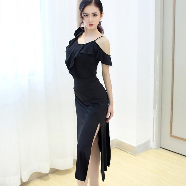 

stage wear latin dance suit halter short sleeve training dress modern long skirt show dqt1048, Black;red