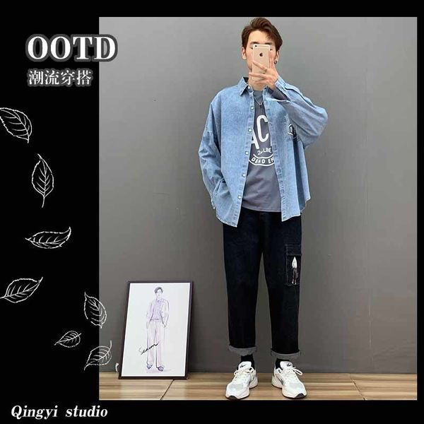 

suit loose men's long sleeve work clothes handsome casual autumn denim coat shirt trend