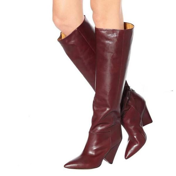 

boots spike heels wide-calf leather fashion slip on runway winter shoes women pointed toe knee high street big size 43, Black