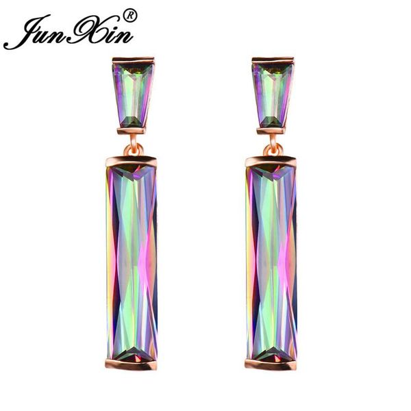 

junxin mystic fire birthstone rectangle drop earrings for women rose gold filled purple blue white zircon long rainbow earrings, Silver