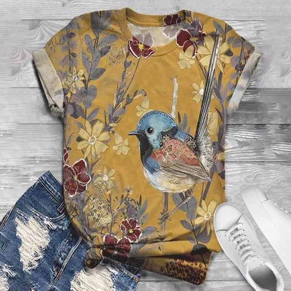 

vintage shirts women blouses 2021 plus size women short sleeve 3d bird printed o-neck shirt blouse women camisas mujer, White;black