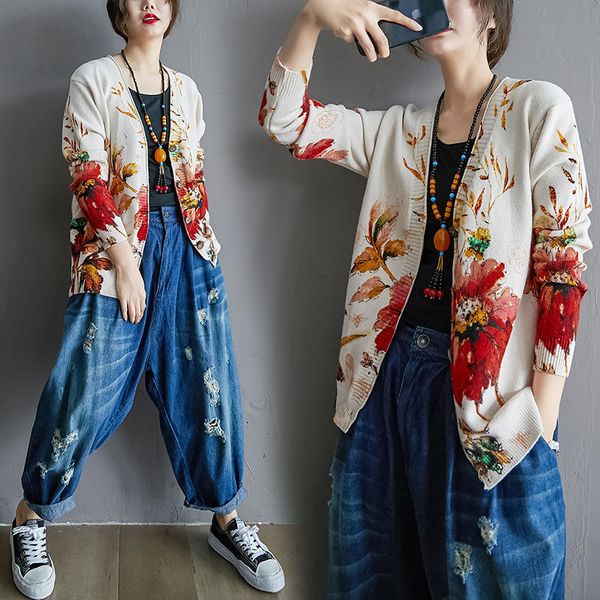 

literary retro printing knitted cardigan women's autumn loose large size casual wild long-sleeved sweater coat shirt jacket r75 c1024, Black