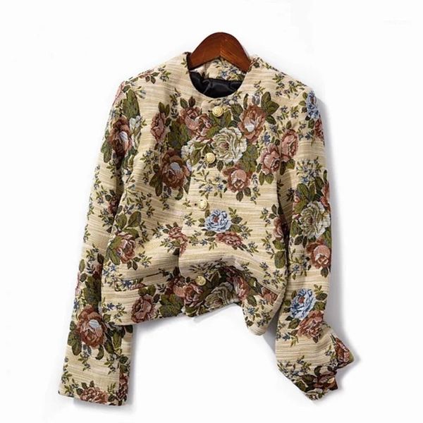 

women short coat long sleeve retro floral printed long sleeve single breasted female jacket 2020 autumn1, Black;brown