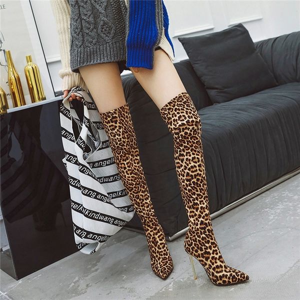Donne sopra il ginocchio calzino 10 cm tacchi alti lungo inverno tratto leopardo stivali da neve signora coscia spogliarellista scarpe fetish Y200915
