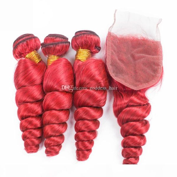 

selling loose wave lace closure with red coloredvirgin brazilian hair weaves 4pcs lot ruby red loose wave hair weft with lace closure, Black