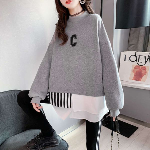 

fake two piece stitched sweater plush thickened medium length loose foreign style autumn winter 2020 new women's top, Black