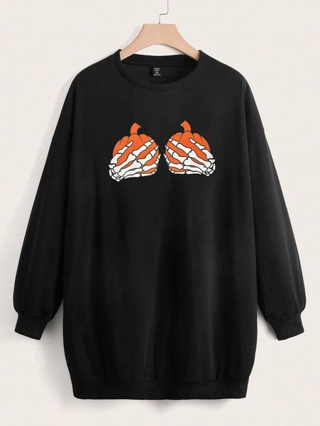 

plus pumpkin & skeleton hand print sweatshirt a4bh#, Black